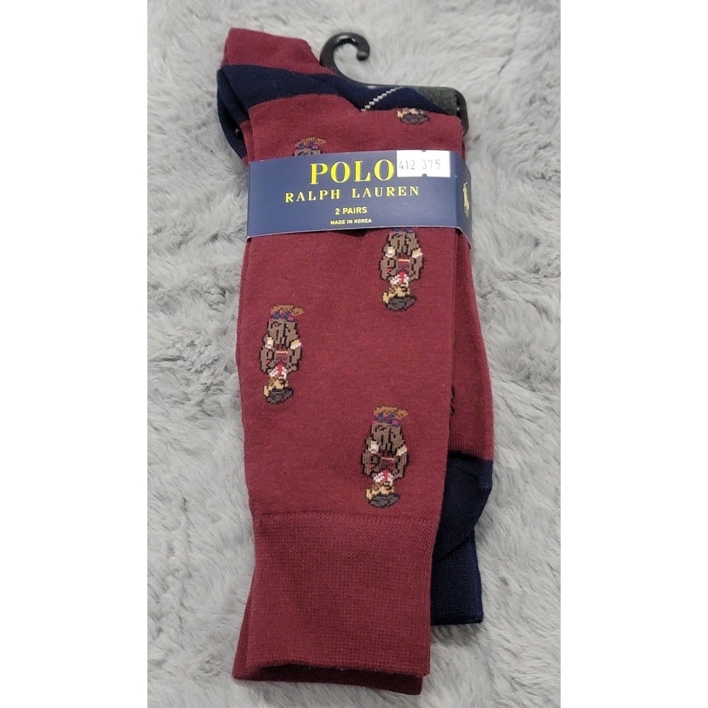 Polo Ralph Lauren Socks Mens 10-13 Wine Argyle Heritage Bear 2 Pairs Mid Calf